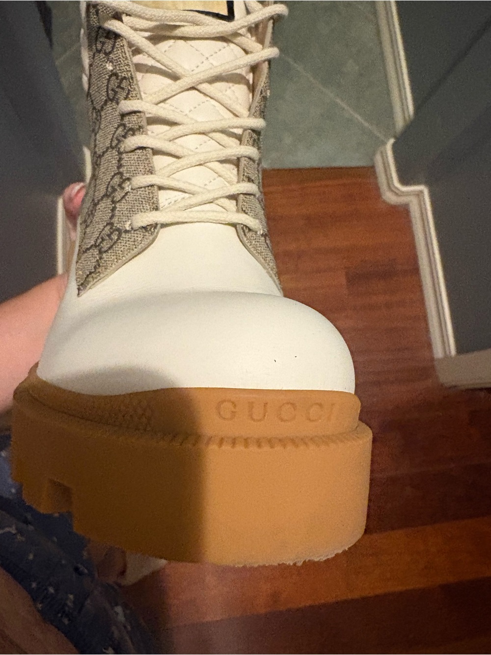 Gucci Cream, Brown & Tan Quilted-Collar Lug Sole Ankle Boot - Picture 5 of 9
